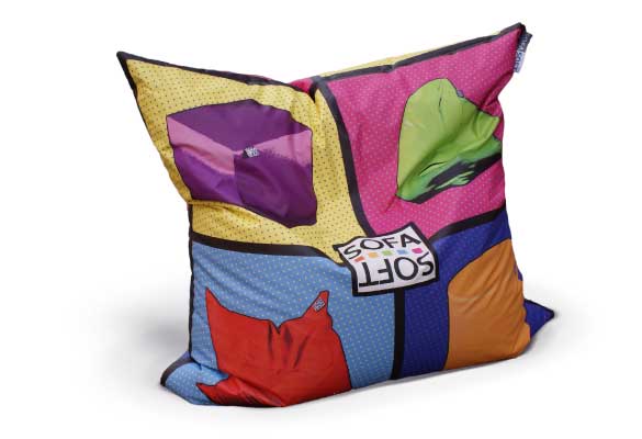 Personalization with prints on bean bag, cushins, pouf and beanbag chairs in faux leather, nylon, juta and denim jeans